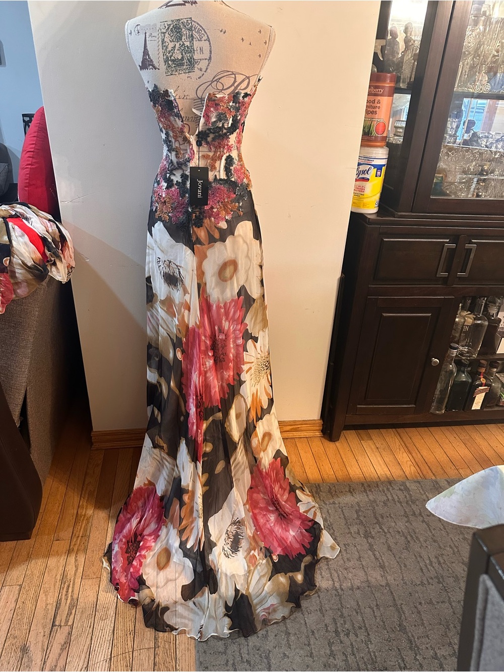 Jovani Strapless Floral Maxi Dress in Pink, Cream and Brown